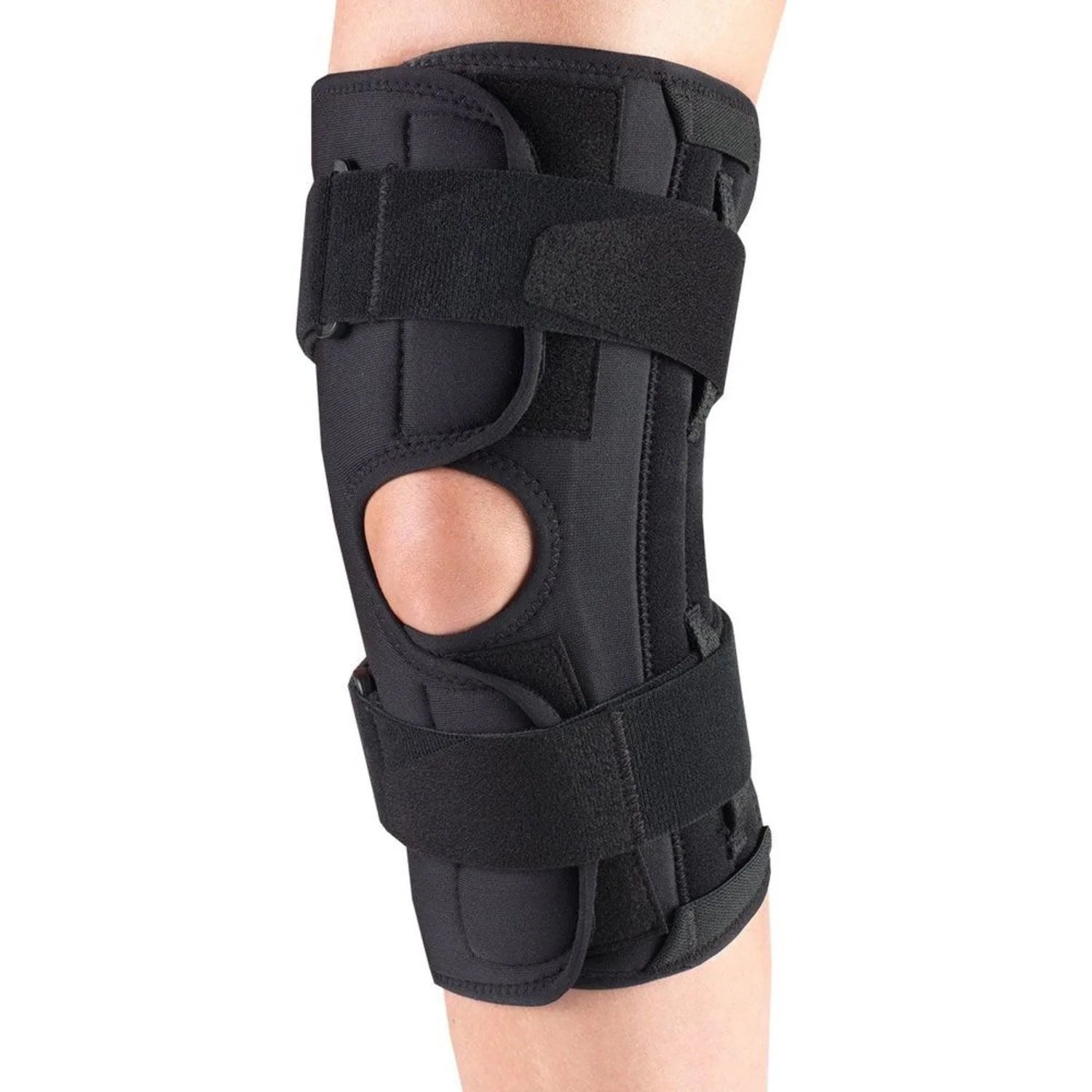 Wrap around hinged knee support brace